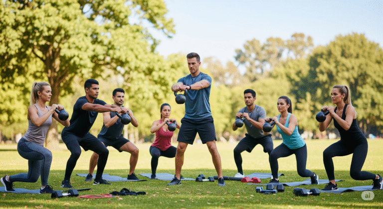 Grupowy trening siłowy na zewnątrz pod okiem trenera