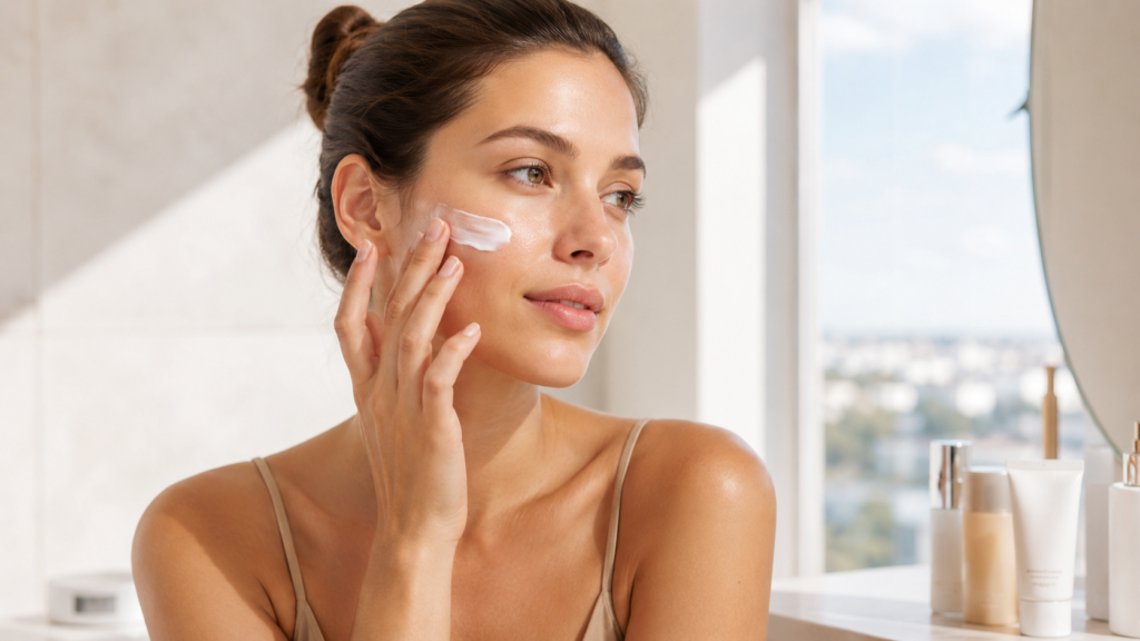 This image features a young woman with her hair pulled back, applying a white cream to her right cheek with her fingers
