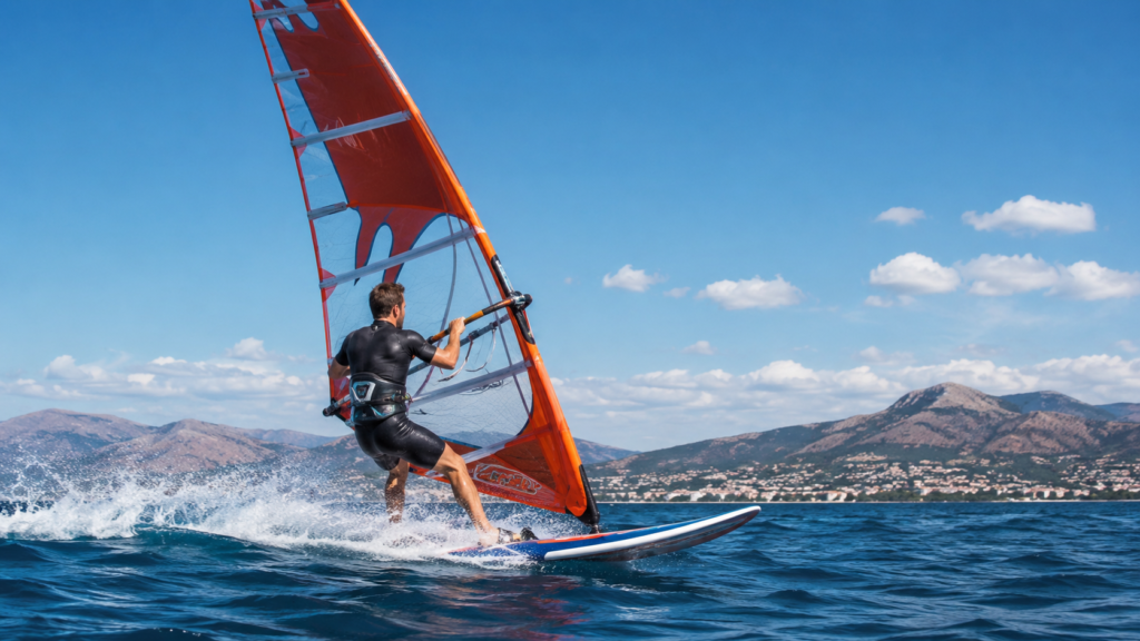 Realistyczna grafika przedstawia dynamiczną scenę sportu wodnego — windsurfingu na otwartym morzu