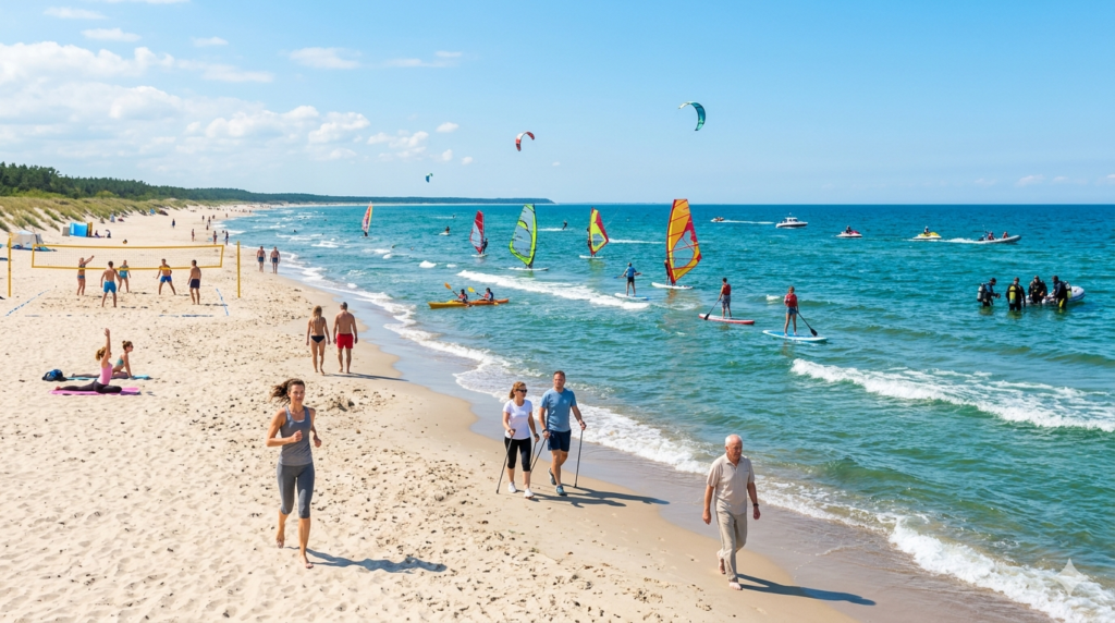 Grafika przedstawia szeroką, słoneczną plażę nad otwartym morzem, która tętni różnorodnymi formami aktywności fizycznej, odzwierciedlającymi treść artykułu
