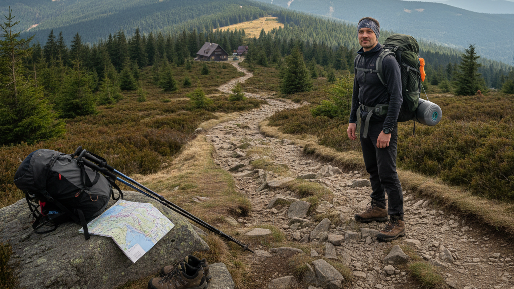 Obraz przedstawia turystę w pełni sprzętu trekkingowego, stojącego na kamienistym szlaku górskim