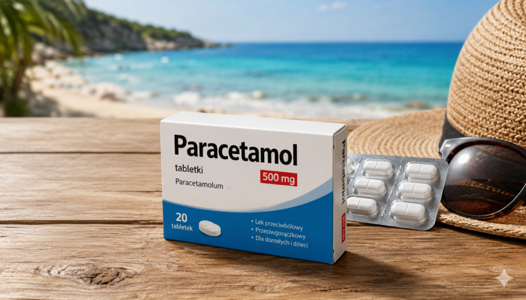 Zdjęcie przedstawia opakowanie leku Paracetamol na drewnianym stole