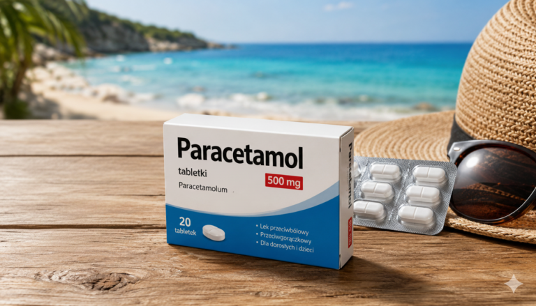 Zdjęcie przedstawia opakowanie leku Paracetamol na drewnianym stole