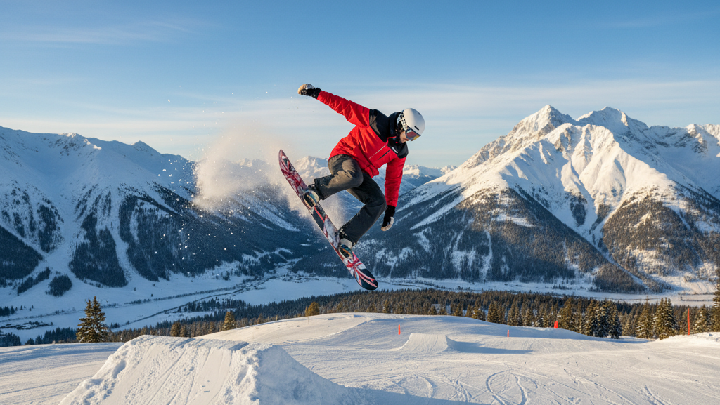 Na obrazie widzimy snowboardzistę w czerwonej kurtce i białym kasku, który wykonuje skok na tle górskiego krajobrazu